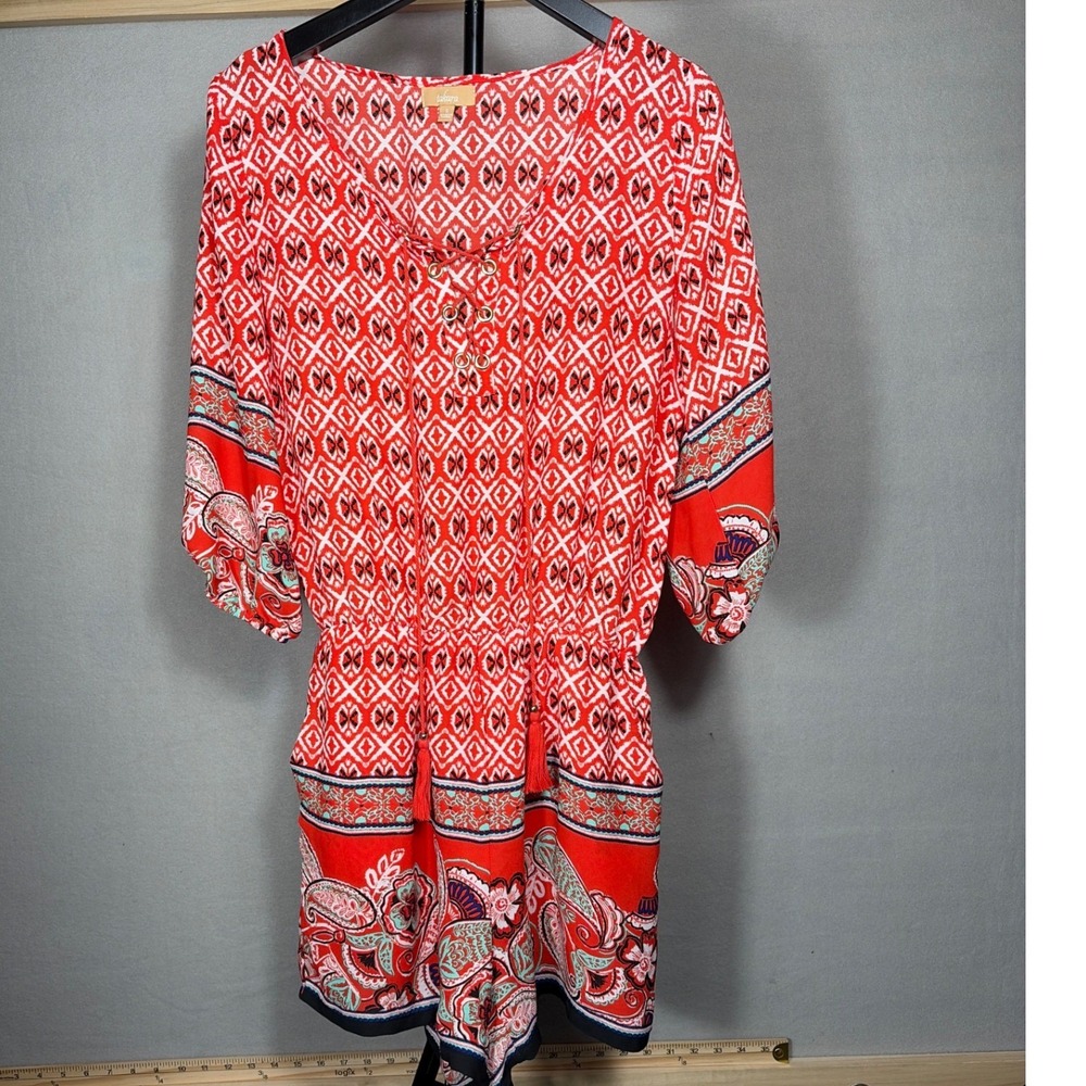 Takara Red Ikat Paisley Lace Up Tassel Romper Small Women Pockets Boho 3/4 Sleev